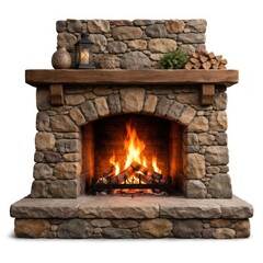 Obraz premium Cozy rustic stone fireplace ambiance.