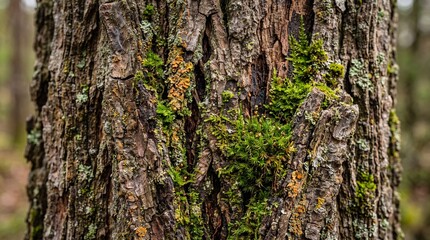 Obraz premium Close Up of Tree Bark Covered with Green Moss Natural Texture Background