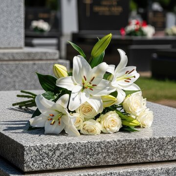 Elegant white lilies and roses rest upon an old granite tombstone in a quiet cemetery, honoring the departed on a bright afternoon light, purity, remembrance, tribute