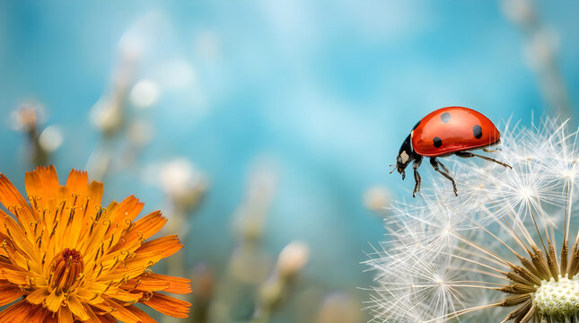 A small red ladybug crawling on a white dandelion seed head with an orange flower nearby