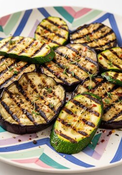Grilled eggplant and zucchini slices with charred golden edges served on a vibrant patterned plate, seasoned with rustic spices and herbs, vegetable, charred, season