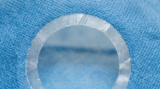 Sterile drape adhesive edge close-up revealing its fenestrated opening, sterile operating room equipment, medical stock photo, hospital surgery background, no people