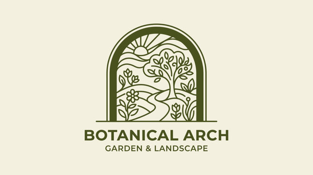 Botanical Arch Garden and Landscape Vector Logo Design with Tree Sun and Path in Line Art Style