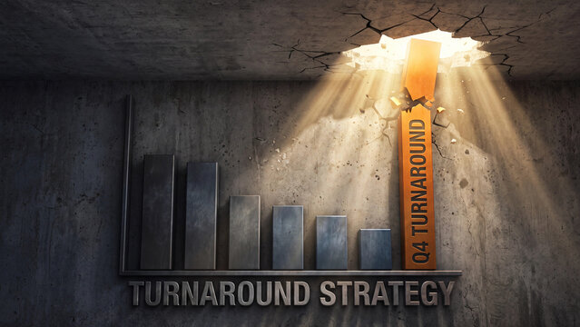 Bar chart showing a positive turnaround strategy emerges from a broken concrete wall under bright light.