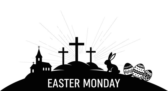 Easter monday celebration silhouette with crosses with depicts black silhouette featuring three crosses church bunny decorated decorated eggs hill