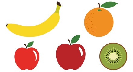 Colorful illustration of various fresh fruits on white background with fruits including banana banana orange apples healthy kiwi food © Dipan