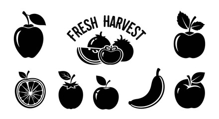 Fresh harvest fruit icons set with background including apples collection black fruit apples banana citrus citrus fruits phrase logotype with symbols © Dipan