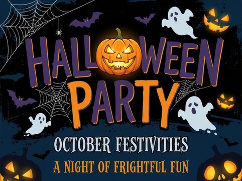 Halloween party invitation poster with scary pumpkin ghost and spider web decorations for a fun october holiday celebration event night design