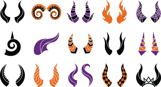 Set of various fantasy devil horns for character design and costume accessories to celebrate happy halloween day