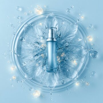 Hydrating blue skincare serum bottle framed by crystal water petals and glowing droplets