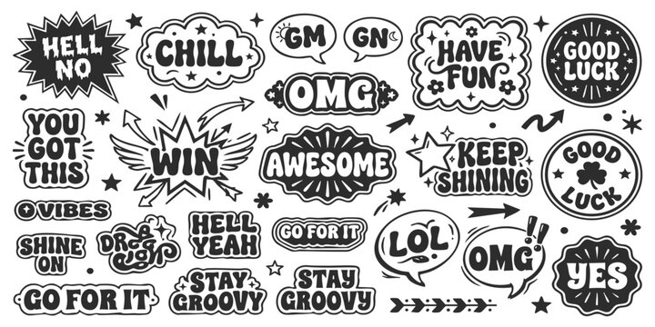 Set of hand drawn comic speech bubbles with motivational phrases and slang words in black and white style