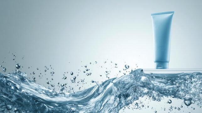 Blue skincare cream tube above dynamic water waves with droplets and spacious copy space