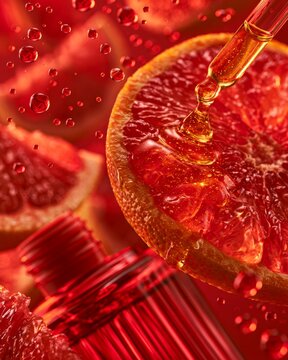Luxury grapefruit skincare serum with golden dropper and glowing antioxidant gel texture
