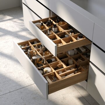 Organized bathroom vanity drawers with wooden dividers storing cosmetics and skincare products