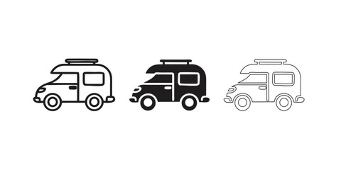 Naklejka premium Caravan trailer icons set showing motorhome graphics in diverse stroke and fill styles