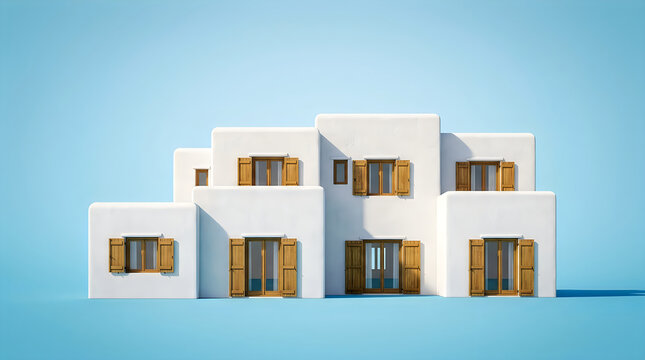 Modern white house with wooden shutters against a soft blue sky background
