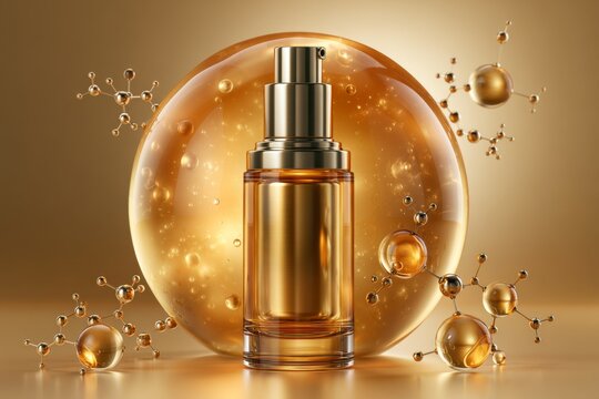Luxury golden skincare serum bottle with amber sphere and molecular antiaging concept