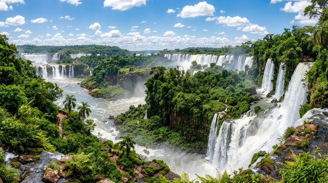 Breathtaking panoramic view of iguazu falls surrounded by lush green tropical rainforest jungle