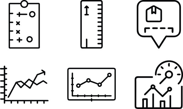 Collection of business strategic icons featuring flow charts mapping grids growth diagrams and logistical markers in clean black line vector format.
