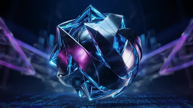 Neon geometric cube rotating with vibrant light beams in dark abstract space