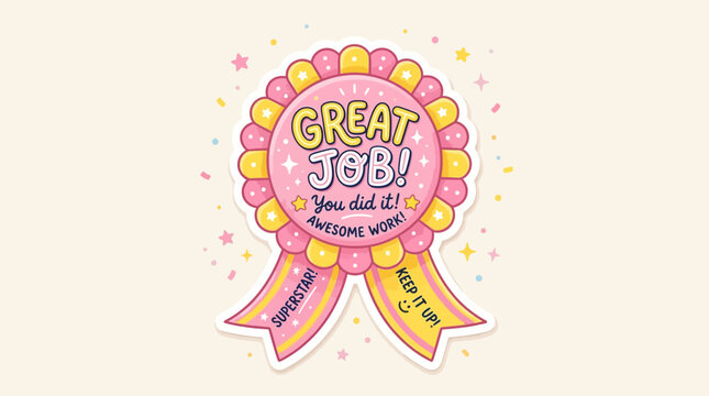 A cute pink and yellow award ribbon with 'GREAT JOB!' text, celebrating achievement and success with encouraging messages like 'SUPERSTAR' and 'KEEP IT UP!'.