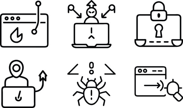 Hacker and cyber security icons collection featuring malware bugs browser exploits and computer threat visualization for professional network safety.