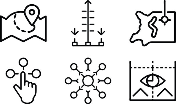 Mapping and data visualization icons including location markers network connections and eye tracking concepts for spatial analysis and user research.