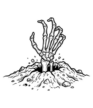 Skeleton hand reaching out from the grave