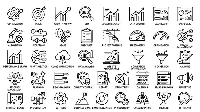 Optimization Outline Icon Collection with Workflow Productivity SEO and Business Performance