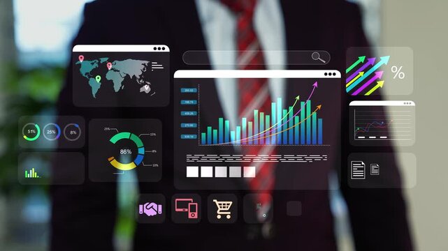 Businessman touching on hologram digital dashboard overlay showing graph charts, map and growth data animation, Holographic modern business analytics, finance planning and market performance 