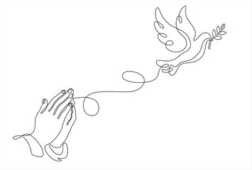 Obraz premium Continuous single one line drawing of Man Hands Pressed Together in Prayer Position and Flying Dove. Pray for peace. Action for Prayer, Gratitude. Hand drawn one line vector. Editable stroke.