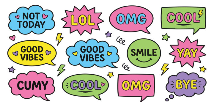 Set of colorful comic speech bubbles with positive text expressions like omg lol cool and good vibes stickers