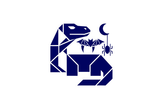 Geometric Dinosaur Silhouette with Bats and Spider Under Crescent Moon