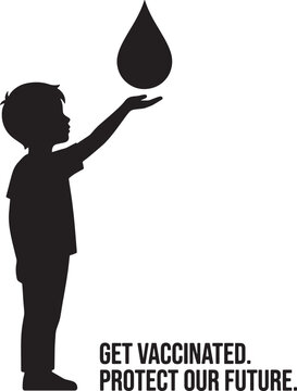 Silhouette of a child reaching for a medical drop with text about vaccination and future protection
