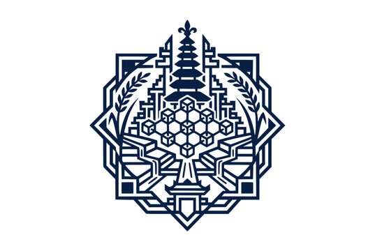 Balinese cultural emblem with pagoda and geometric pattern