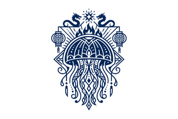 Ornate jellyfish emblem with dragons, lanterns, and geometric patterns © jamal