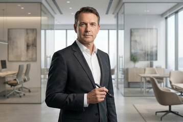 Fototapeta premium Mature businessman in charcoal suit holding pen standing in modern glass office confident expression