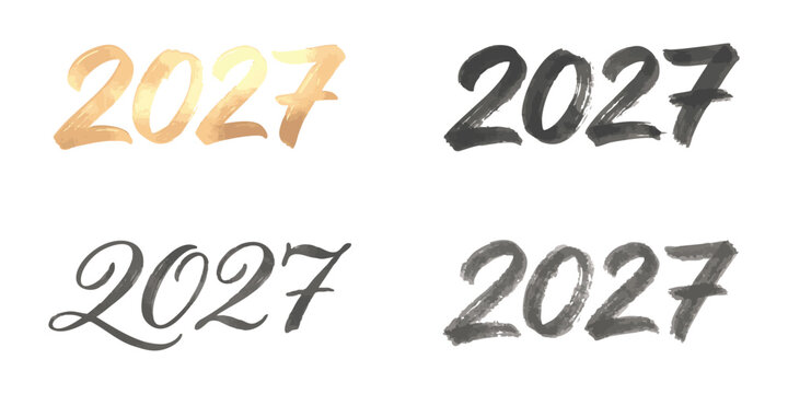 Set of four artistic 2027 year numbers written in different calligraphy and hand drawn brush stroke styles