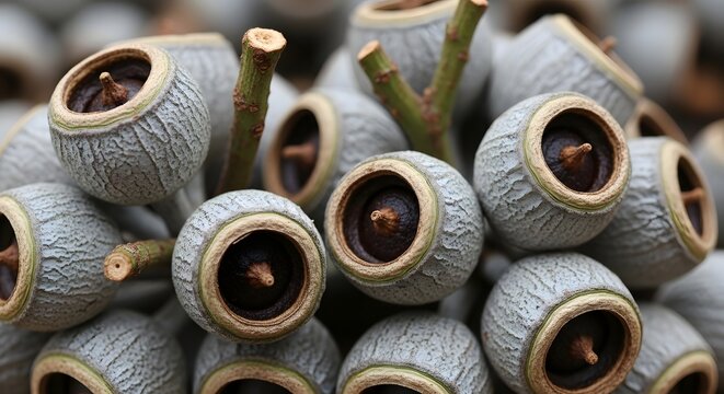 Eucalyptus seed pods clustered on a stem with shallow depth of field during daylight for natural concept