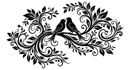 Fototapeta premium Bird Couple Silhouette on Artistic Tree Branch Decorative Wall Art Vector Illustration