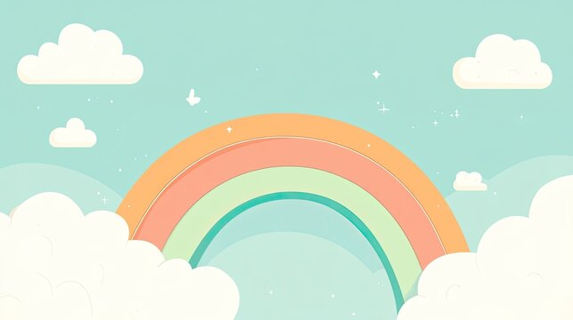 Cute cartoon rainbow and cloud background, simple flat style