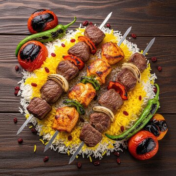 Top view of grilled meat skewers with yellow saffron rice, grilled tomatoes, and green peppers served on a dark brown rustic table surface, savory, cuisine, dish