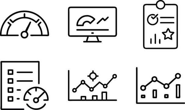Business performance dashboard and data analytics interface icons including speedometer charts growth progress bars and checklist web presentation.