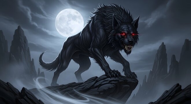 Fierce black wolf with glowing red eyes standing on a rocky outcrop under a full moon in a mystical landscape