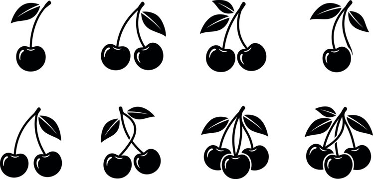 Sweet cherry fruit silhouette icons set including single double and triple berries vector graphic isolated on white background for menu design