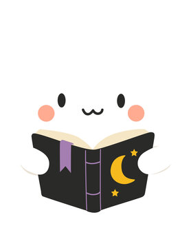 Cute Halloween Ghost Reading a Magic Book
