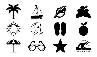 Obraz premium Tropical summer vacation icons with palm tree sailboat seashell hibiscus and beach vector set