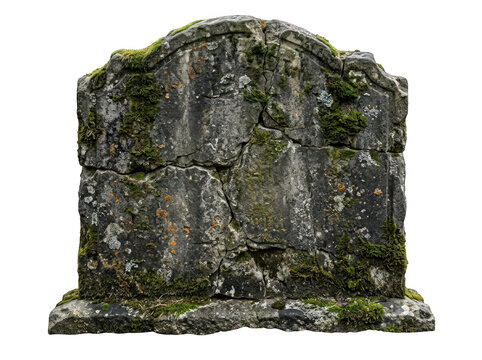 Weathered old mossy stone tombstone grave marker isolated on transparent background. Perfect for Halloween horror and.