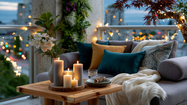 Cozy balcony lounge with burning candles string lights and sofa overlooking city skyline at twilight for urban apartment living and home decor background