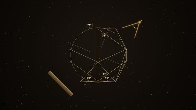 Golden Sacred Geometry Polyhedron Mesh Blueprint with Compass and Ruler in Space